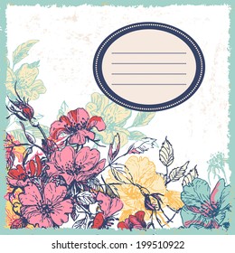 Hand  drawn  elegance tender old floral card. All objects are conveniently grouped and are easily editable. background seamless pattern included
