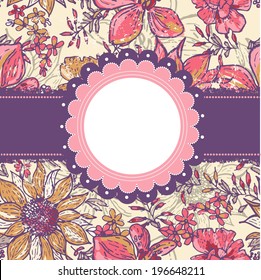 Hand  drawn  elegance vintage floral card with lace label. All objects are conveniently grouped and are easily editable.