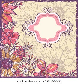 Hand  drawn  elegance vintage floral card with lace label. All objects are conveniently grouped and are easily editable.