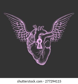 Hand drawn elegant anatomic human heart with wings and keyhole, pink sketch for tattoos design or t-shirt print, dot work art. Vintage vector illustration isolated on grey background.
