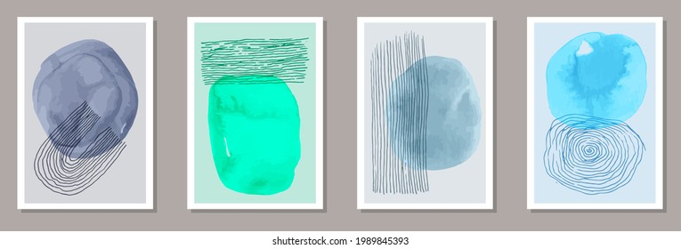 Juego de vectores de banners elegantes dibujados a mano. Patrones de manchas acuáticas. Impresiones de estilo japonés. Cómodos modelos de decoración. Elementos resquebrajadores.