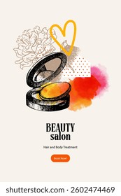 Hand drawn elegant beauty collage with watercolor splashes. Perfect for beauty salons, cosmetic branding, and fashion ads. Vector sketch illustration. Not AI generation