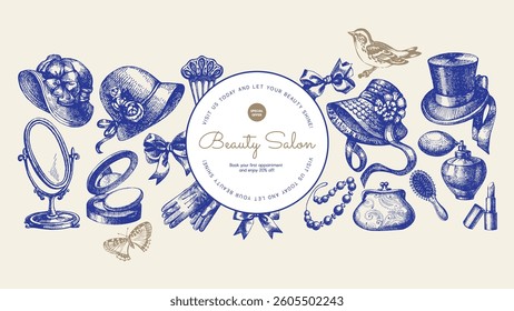 Hand drawn elegant bg with female accessories. Perfect for beauty salons, cosmetic branding, and fashion ads. Vector illustration. Not AI generation
