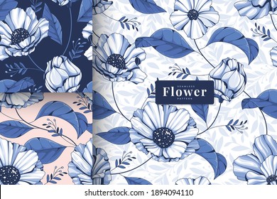 Hand drawn elegant blue floral Seamless pattern