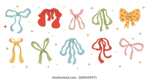 Hand drawn elegant bows and ribbons. Set of various bow knots, gift ribbons. Minimalist drawing sketch. Vector illustration 