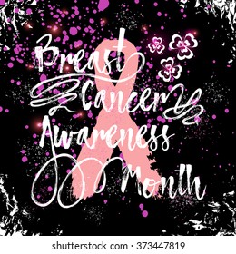 Hand drawn elegant Breast Cancer Awareness Month sign. Decorative retro typography with swirls and swashes. Custom modern calligraphy hand lettering with pink ribbon. Grunge texture in frame.