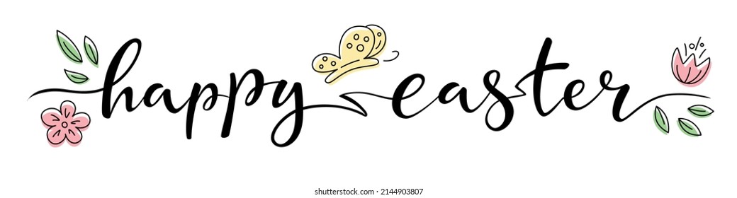 Dibujo mano elegante con letras de pincel Feliz Pascua sobre fondo transparente. Diseño de líneas con flores y mariposa. Para afiche de pancartas, etiqueta, pegatina, volante, cabecera. Saludo de la temporada de vectores.