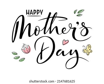 Dibujaron un elegante cepillo con letras Feliz Día de la Madre con flores y hojas en un fondo transparente. Texto de vector caligrafía para tarjeta, pancarta, afiche, invitación