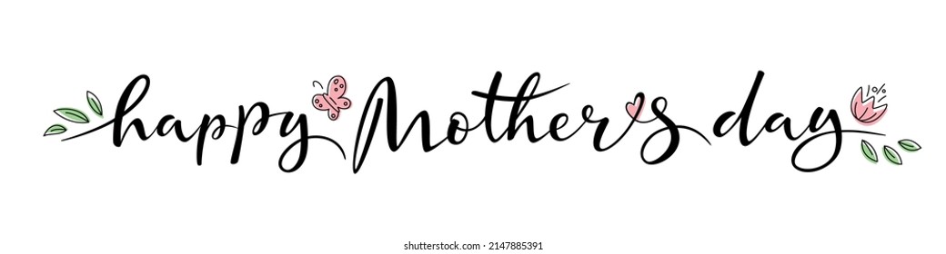 Hand drawn elegant brush lettering Happy Mother's Day with flowers on transparent background. Line design. Calligraphy vector text for banner, poster, flyer, header. Season greeting.