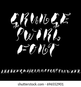Hand drawn elegant calligraphy font with curl. Modern brush lettering. Grunge style alphabet. Vector illustration.