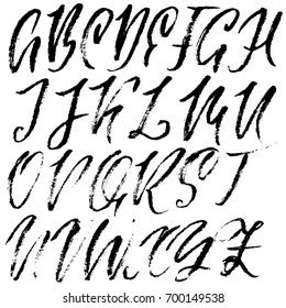 Hand drawn elegant calligraphy font. Modern brush lettering. Grunge style alphabet. Vector illustration.
