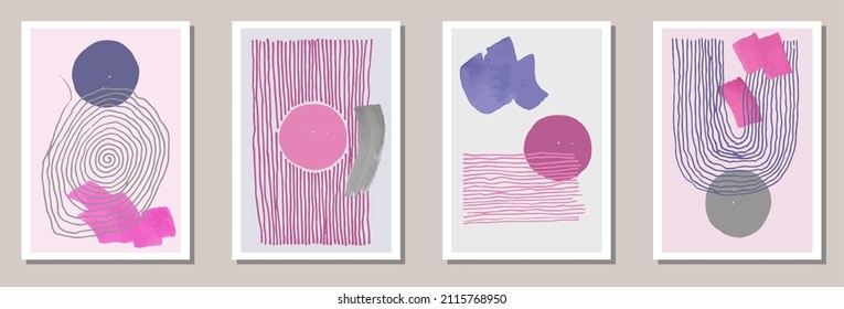 Hand drawn elegant canvas vector set. Watercolor splashes shapes. 60s style frames. Stylish artistic cover layouts. Scribble elements.