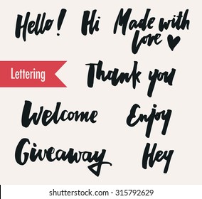 Hand drawn elegant catchwords for your design. Thank you, Giveaway, Hello, Welcome, Have a nice day, Enjoy. Decorative elements. Retro typography with swirls. Custom hand lettering.