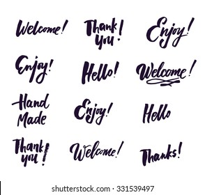 Hand drawn elegant catchwords for your design. Thank you, Hello, Welcome, Enjoy. Decorative elements. Retro typography with swirls. Custom hand lettering.