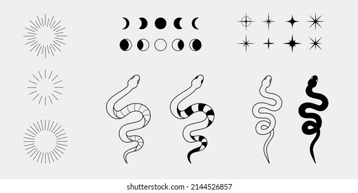 Hand drawn elegant celestial and mystic set of moon phases, stars, snakes and round boho frames. Aesthetic collection, perfect for logo design and branding