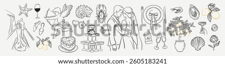 Hand drawn elegant ceremony collection. Vintage Mediterranean Italian wedding. Just Married couples, wedding rings, cake, champagne. Romantic elements doodle for invitations, save the date designs.