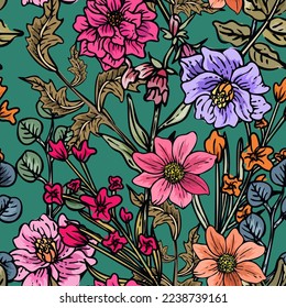 Hand drawn elegant colorful seamless pattern with botanical floral design illustration