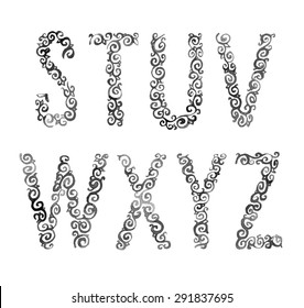 Hand drawn elegant curly watercolor font, letters S-Z
