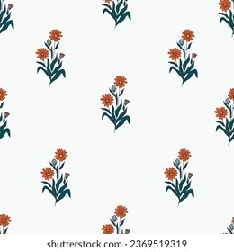 Hand drawn elegant floral background. Vector bright calendula flowers. Seamless botanical beautiful print. Garden flowers and plants. Cute little liberty style flowers.