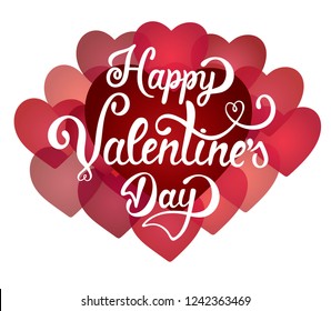 Hand drawn elegant modern brush lettering of Happy Valentines Day with hearts of different shades of pink isolated on white background. Vector illustration. 