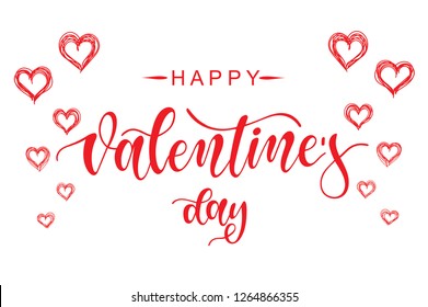 Hand drawn elegant modern brush lettering of Happy Valentines Day with red hearts isolated on white background. Vector illustration. 