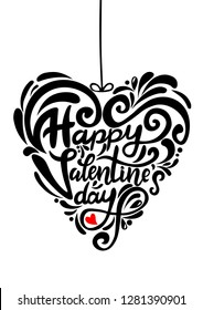 Hand drawn elegant modern brush lettering of Happy Valentines Day isolated on white background. Heart shape. Vector illustration. 