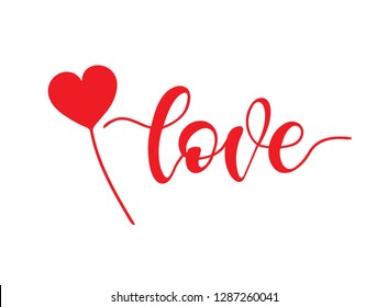 Hand drawn elegant modern brush lettering "love" with lollipop in the form of hearts isolated on white background. Vector illustration. 