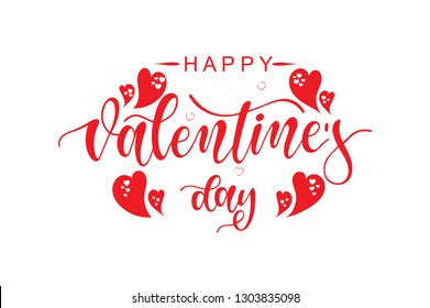 Hand drawn elegant modern brush lettering of Happy Valentines Day with red and white hearts isolated on white background. Vector illustration. 