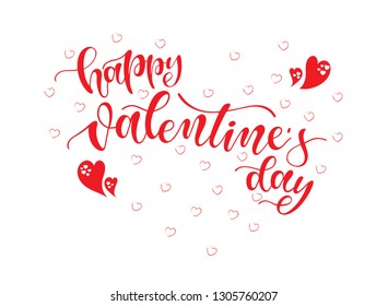 Hand drawn elegant modern brush lettering of Happy Valentines Day with red hearts isolated on white background. Vector illustration. 