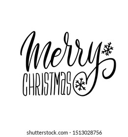 Hand drawn elegant modern brush lettering of Merry Christmas with snowflakes isolated on white background. Vector illustration