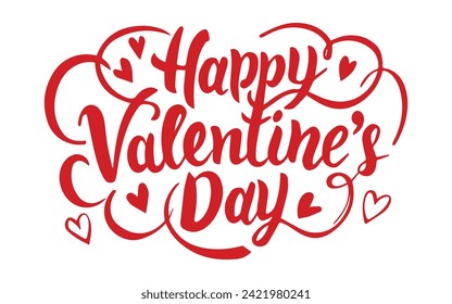 Hand drawn elegant modern lettering of Happy Valentine's Day with red hearts on white background