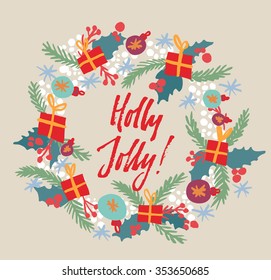 Hand drawn elegant New Year and Christmas card for your design. Decorative elements in circular shape. Custom hand lettering.