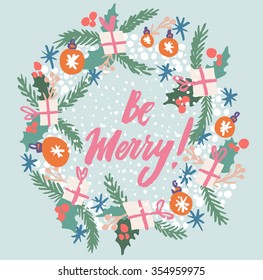 Hand drawn elegant New Year and Christmas card for your design. Decorative elements in circular shape. Custom hand lettering.