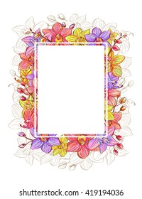hand drawn elegant, ornate frame with orchids for invitations, greetings and decorations