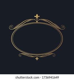 Hand drawn elegant oval frame. Vector isolated golden vintage border.  Gold calligraphic element for classic wedding invitation card.