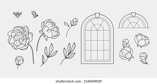 Hand Drawn Elegant Peony Flowers, Window Frame, Honey Bee. Set Of Aesthetic Floral Elements, Window Ang Bee, Ideal For Logo Design And Branding