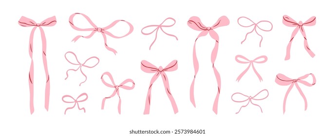 Hand drawn elegant pink bows and ribbons. Minimalist drawing sketch. Vintage vector illustration. Perfect for holiday poster, greeting cards, wedding invitations, branding, logo.