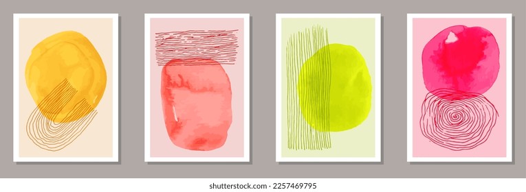 Hand drawn elegant postcards vector set. Watercolor blots shapes. Nordic style design. Youth artistic cover layouts. Scribble elements.
