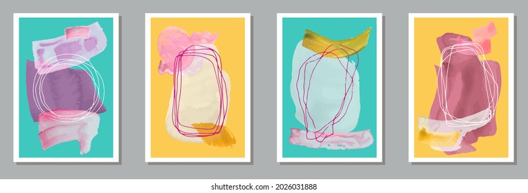 Hand drawn elegant posters vector set. Watercolor splats collage. Nordic style design. Youth artwork layouts. Scribble elements.
