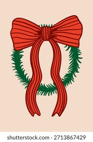 Lazo rojo elegante dibujado a mano con corona de abeto de Navidad. Ilustración de vacaciones de Vector en estilo vintage