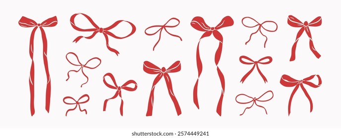 Hand drawn elegant red bows and ribbons. Minimalist drawing sketch. Vintage vector illustration. Perfect for holiday poster, greeting cards, wedding invitations, branding, logo.