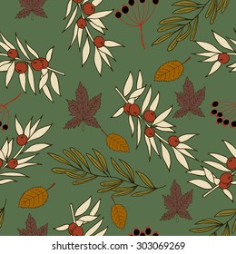 Hand drawn elegant seamless  pattern with forest elements, vector illustration. Gentle autumn background. EPS 8 file with pattern in swatch menu.