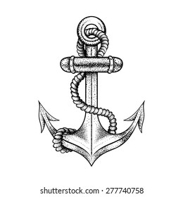 Hand drawn elegant ship sea anchor with rope, black sketch for tattoos design or t-shirt print, dot work art. Vintage vector illustration isolated on white background. Nautical collection.