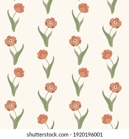 Hand drawn elegant spring floral seamless pattern with pink tulips making vertical lines