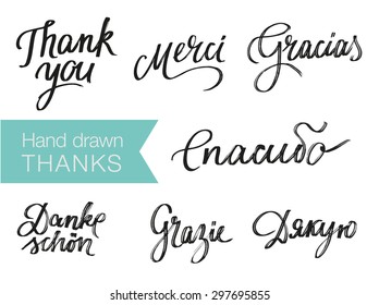 Hand drawn elegant Thank You phrases in different languages for your design. English, Russian, Italian, Spanish, Ukrainian; German, French. Modern typography and calligraphy. Custom hand lettering.