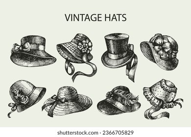 Hand drawn elegant vintage ladies set. Sketch women hats. Retro fashion vector illustration