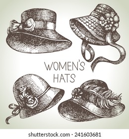 Hand drawn elegant vintage ladies set. Sketch women hats. Retro fashion vector illustration