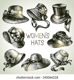 Hand drawn elegant vintage ladies set. Sketch women hats. Retro fashion vector illustration