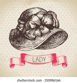 Hand drawn elegant vintage ladies background. Sketch women hat. Retro fashion vector illustration