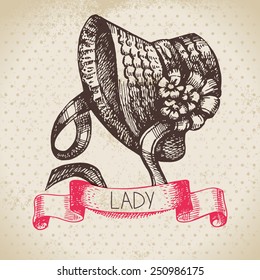 Hand drawn elegant vintage ladies background. Sketch women hat. Retro fashion vector illustration